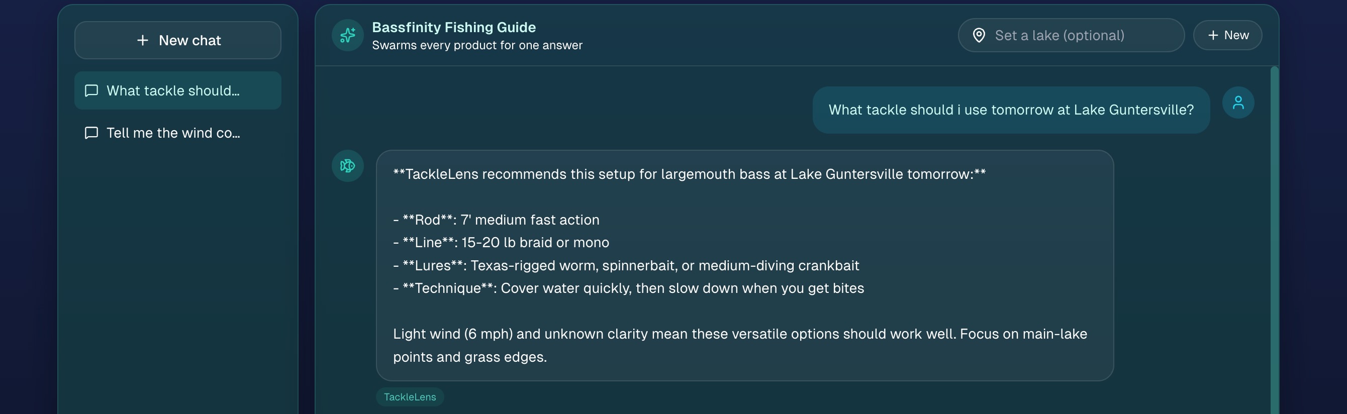 The Bassfinity AI Fishing Guide answering a plain-language question, with the product it used shown beneath the reply